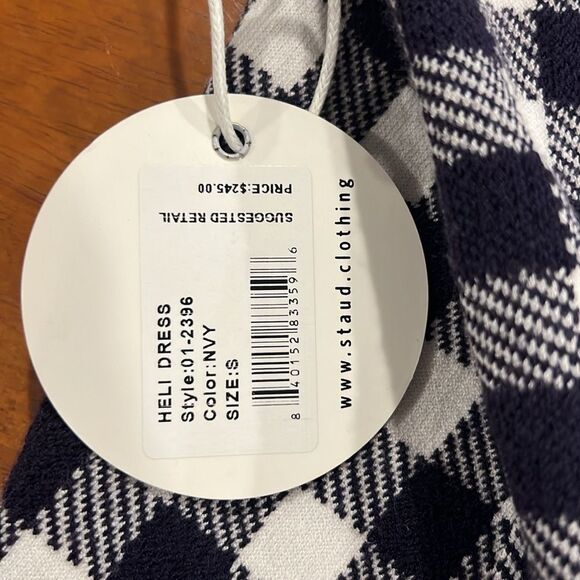 Staud Heli navy & white gingham short sleeve fitted midi dress size Small NWT - Picture 5 of 10